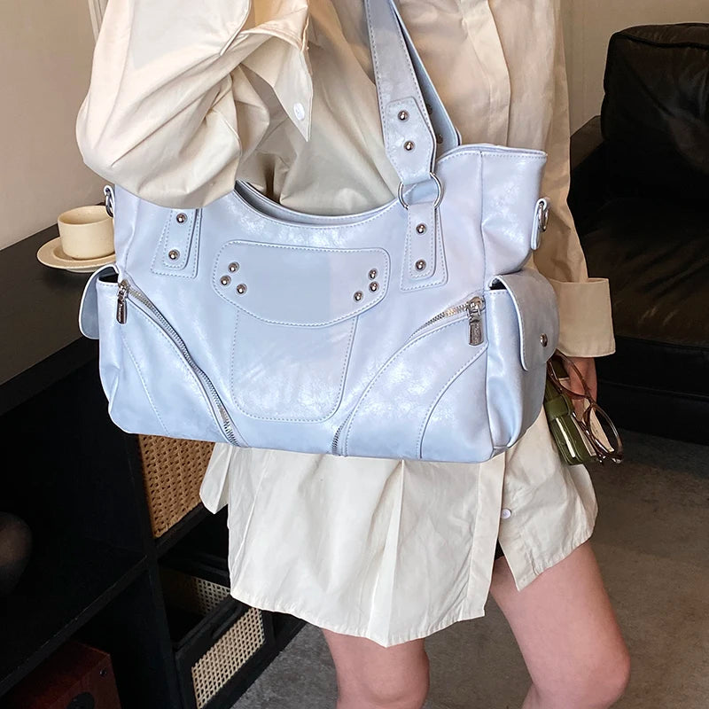 Women's PU Leather Hobo Shoulder Bag - Silver Stud Rivet Detail, Adjustable Strap