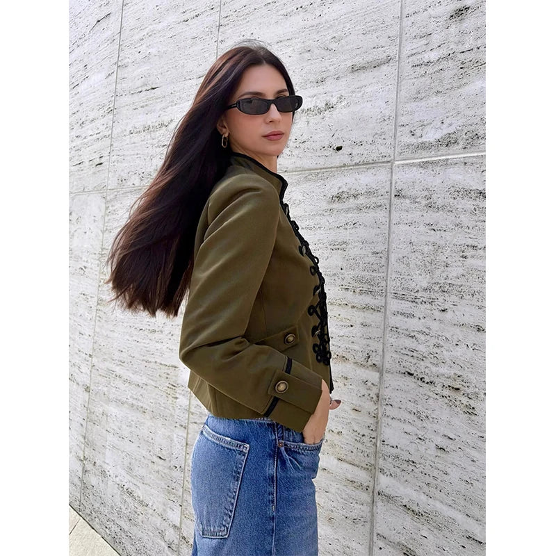 Women's Jacket Vintage Solid Knot Button Single-Breasted Stand Collar Full-Sleeve Slim Short Outerwear Coat
