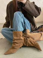 Women's Brown Faux Suede Ruched Kitten Heel Ankle Boots