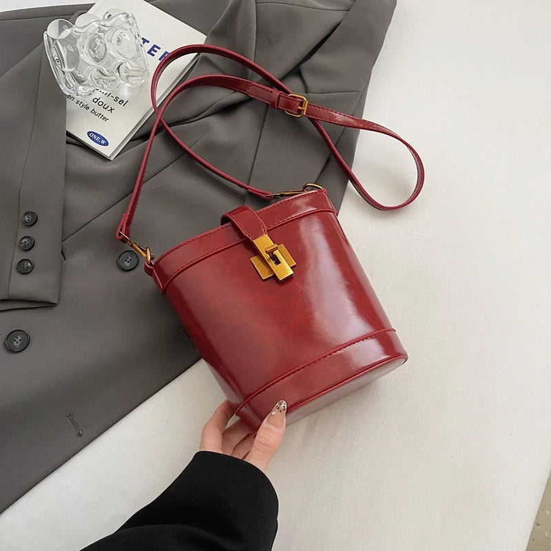 Small PU Leather Bucket Crossbody Bags Women Zipper Turn Lock Solid Handbags