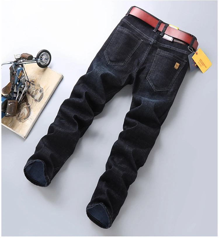 New High Quality Jeans Men's Business Casual Straight Denim Pants Stretch Fashion Classic Work Trousers Blue Black Male