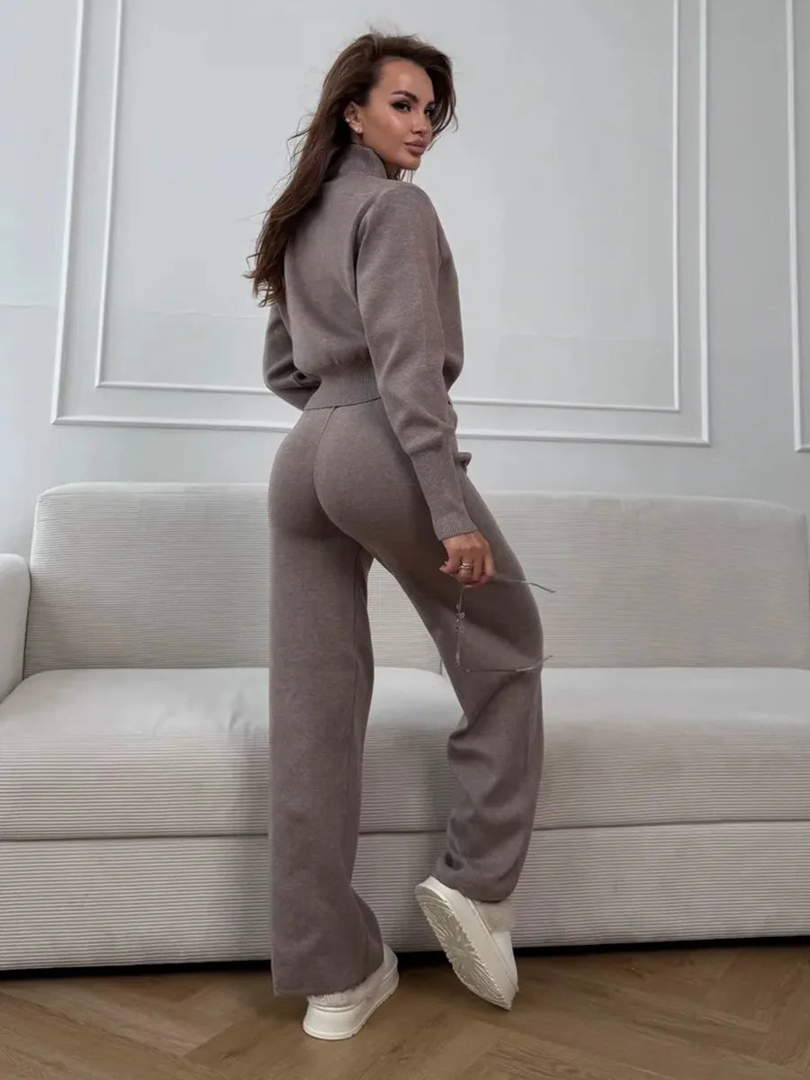 Women's Knit 2-Piece Set Zip-Up Stand Collar Cardigan Wide-Leg Ankle Pants Office Lady Autumn Winter Outfit