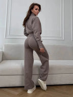 Women's Knit 2-Piece Set Zip-Up Stand Collar Cardigan Wide-Leg Ankle Pants Office Lady Autumn Winter Outfit