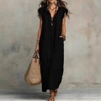 Summer Women Boho Maxi Dress Ruffle V Neck Sleeveless Loose Long Dresses With Pockets Casual Beach
