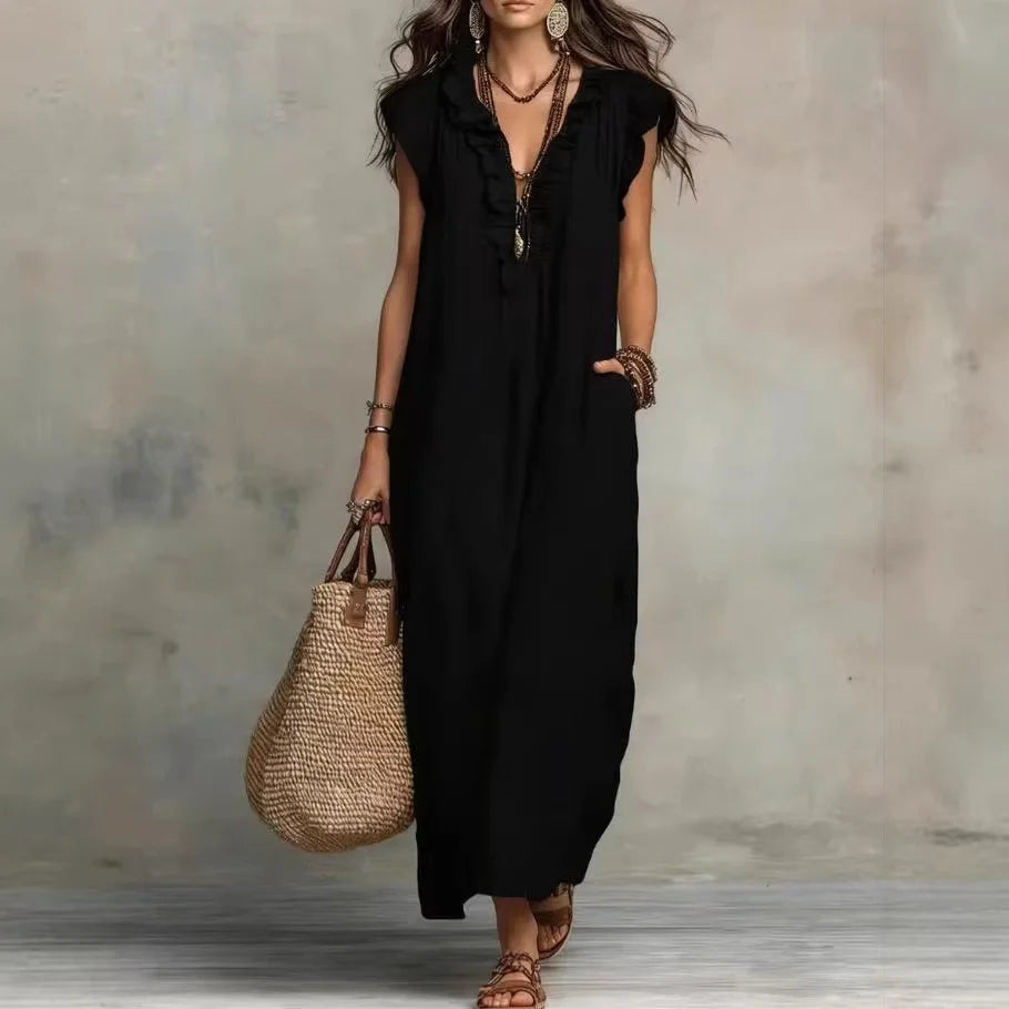 Summer Women Boho Maxi Dress Ruffle V Neck Sleeveless Loose Long Dresses With Pockets Casual Beach