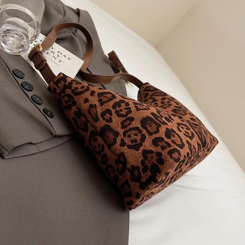 Suede Leopard Shoulder Bags Women Zipper Medium Soft Purse with Adjustable Strap