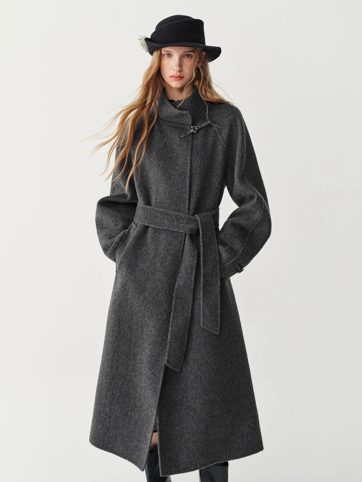 Women's 100% Wool Double-Sided Overcoat – Turn-Down Collar, Belt, X-Long