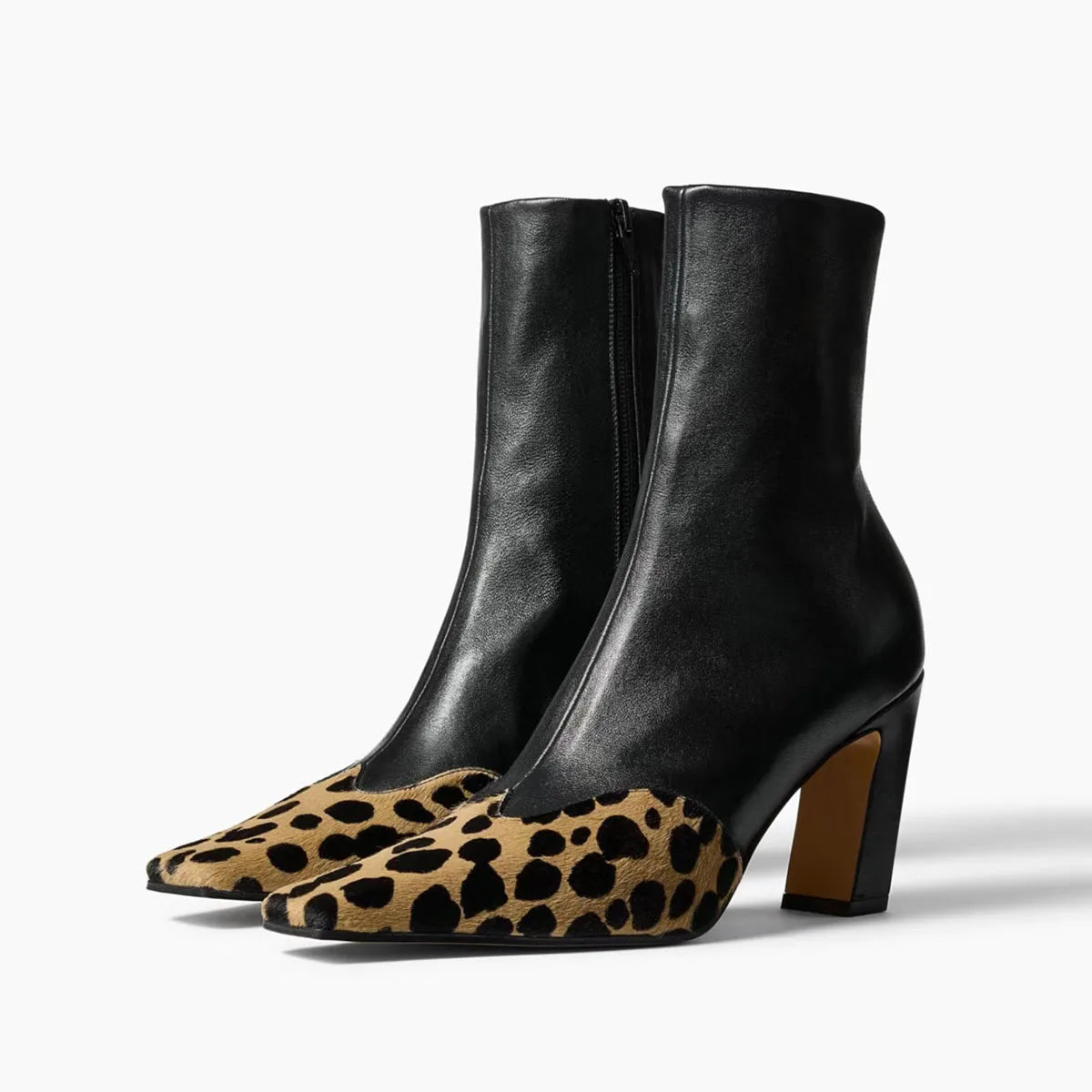 Women's Leopard Horsehair Ankle Boots – Square Toe Side Zip Chunky Heel