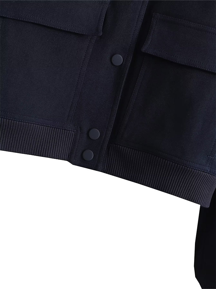 Women Fashion Solid Bomber Jackets Coat With Pockets V-Neck Single Breasted Long Sleeves