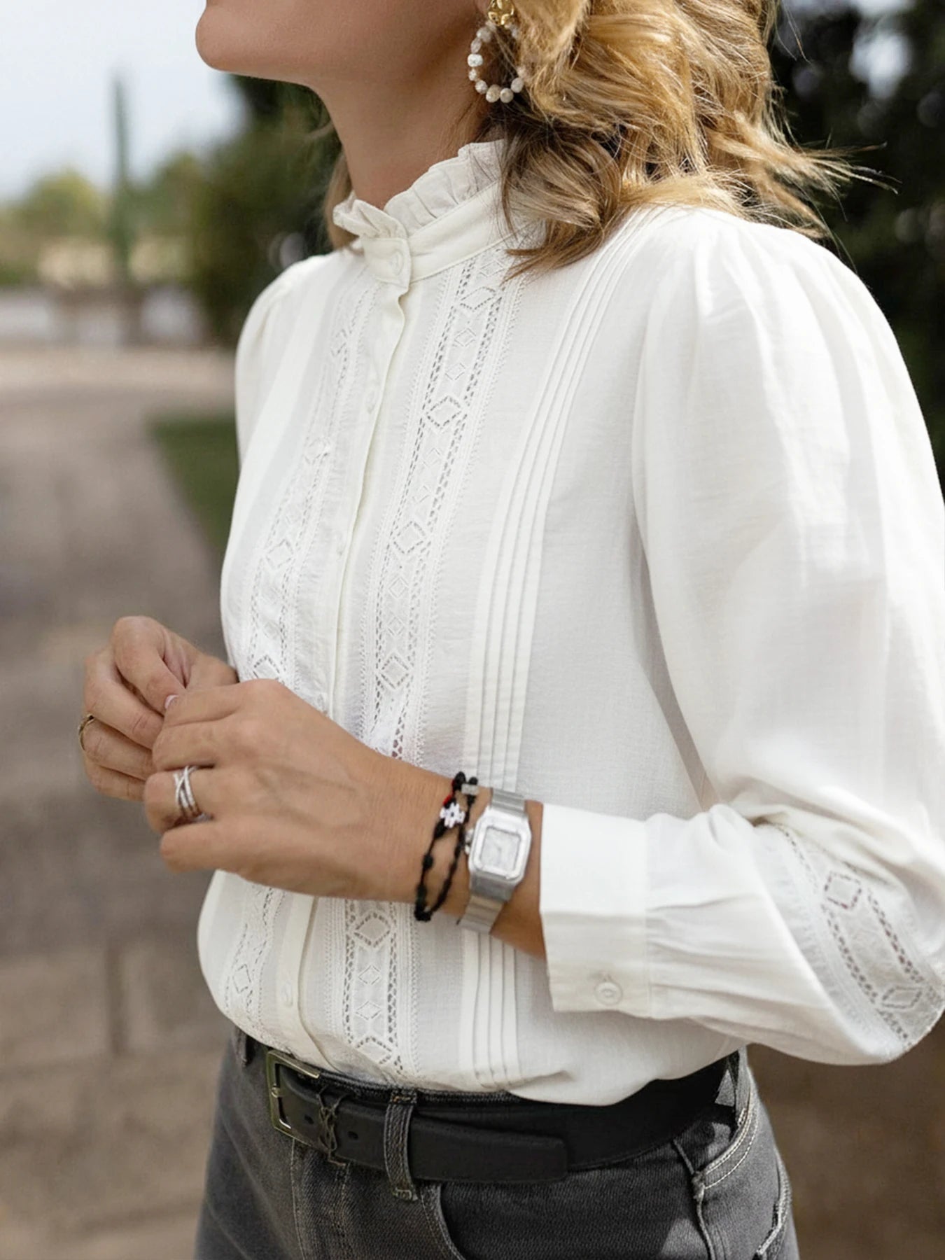 Women's Shirt Ruffle French Retro Round Collar Long-Sleeved Top Buttoned US & EU Style