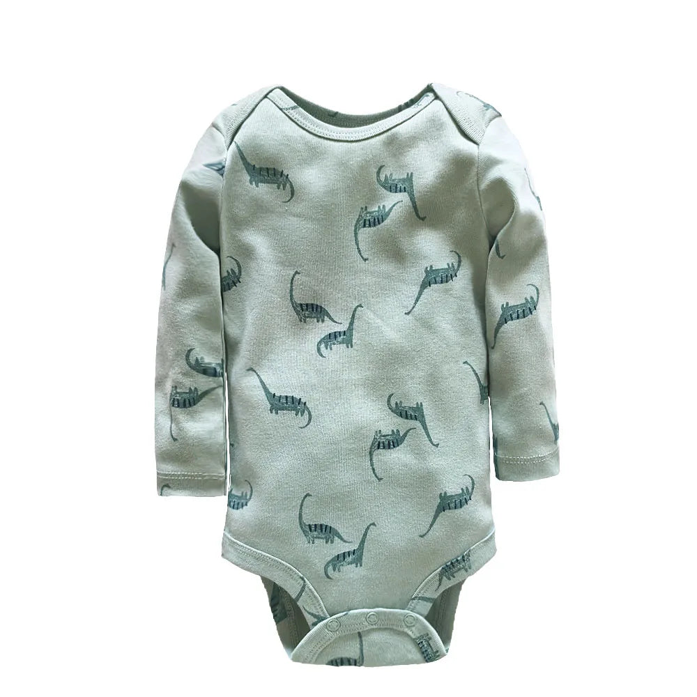 Sage green long necked dinosaur silhouette romper presented in a flat lay style