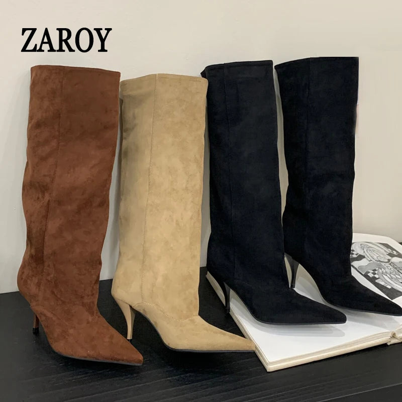 Women's Faux Suede Knee-High Boots with Pointed Toe
