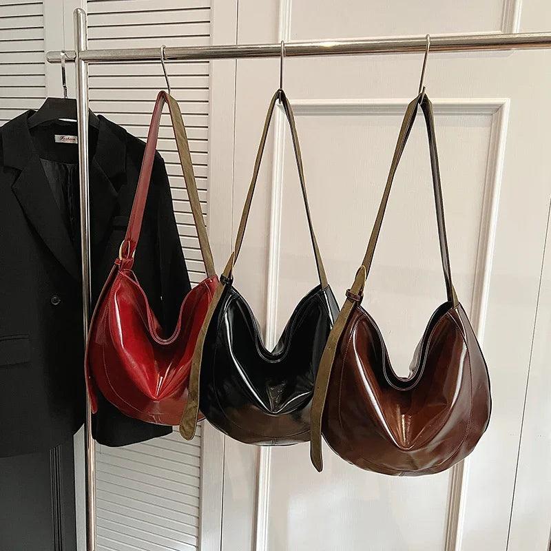 Large Women Leather Saddle Crossbody Bags Zipper Crescent Glazed Shoulder Bags