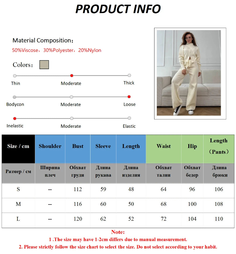 Women's Knit 2-Piece Set Zip-Up Stand Collar Cardigan Wide-Leg Ankle Pants Office Lady Autumn Winter Outfit