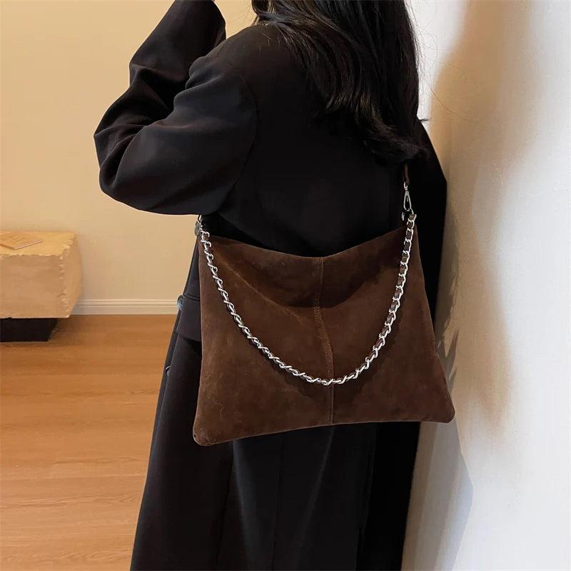 Large Shoulder Bags Nubuck Soft Leather Chain Strap Zipper Women Purses