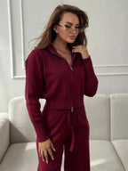 Women's Knit 2-Piece Set Zip-Up Stand Collar Cardigan Wide-Leg Ankle Pants Office Lady Autumn Winter Outfit