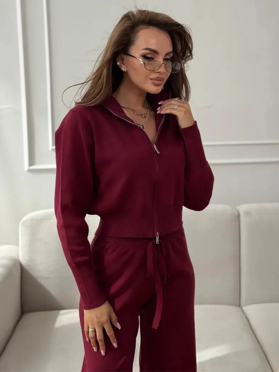 Women's Knit 2-Piece Set Zip-Up Stand Collar Cardigan Wide-Leg Ankle Pants Office Lady Autumn Winter Outfit
