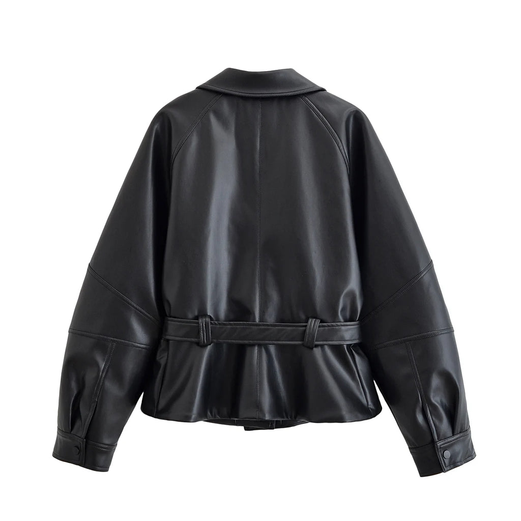 Women's Jacket Vintage Faux Leather Belted Turn-Down Lapel Full-Zip Full-Sleeve Short Motorcycle Coat