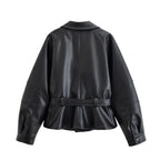 Women's Jacket Vintage Faux Leather Belted Turn-Down Lapel Full-Zip Full-Sleeve Short Motorcycle Coat