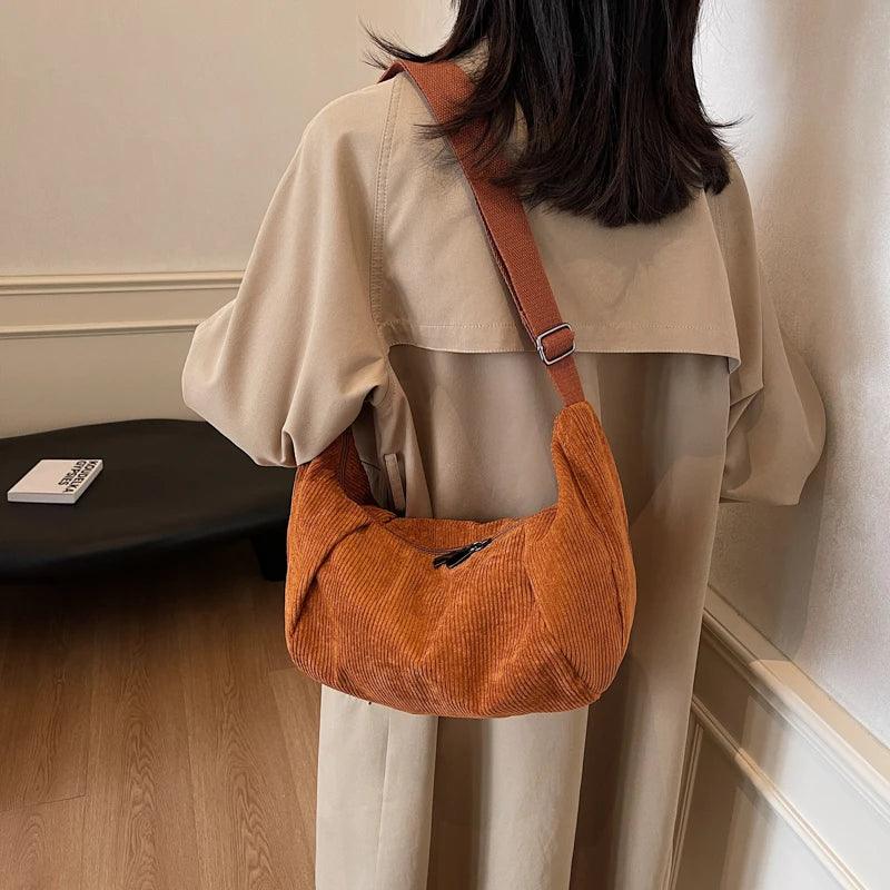 Large Corduroy Soft Fabric Shoulder Bags Women Zipper Solid Hobo Handbags