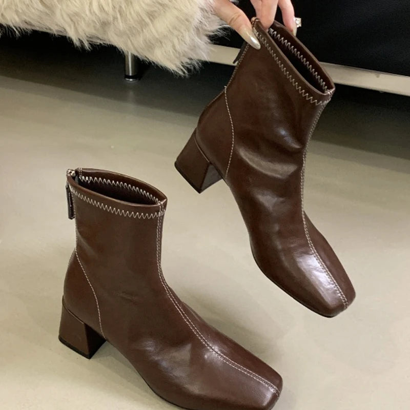 Women's Square-Toe Block Heel Ankle Boots with Back Zipper