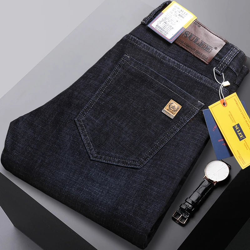 New High Quality Jeans Men's Business Casual Straight Denim Pants Stretch Fashion Classic Work Trousers Blue Black Male