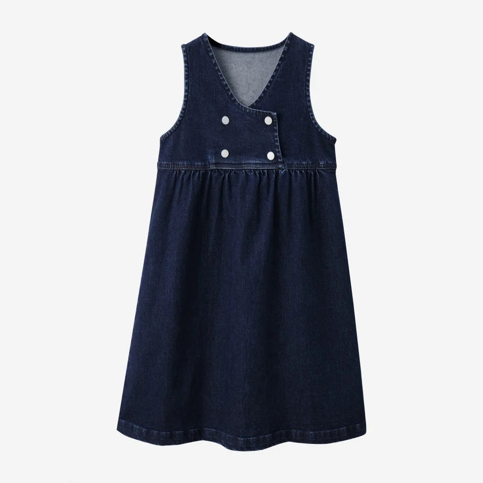 Vestido Varsity de Denim Azul Marinho para Crianças com Bordado