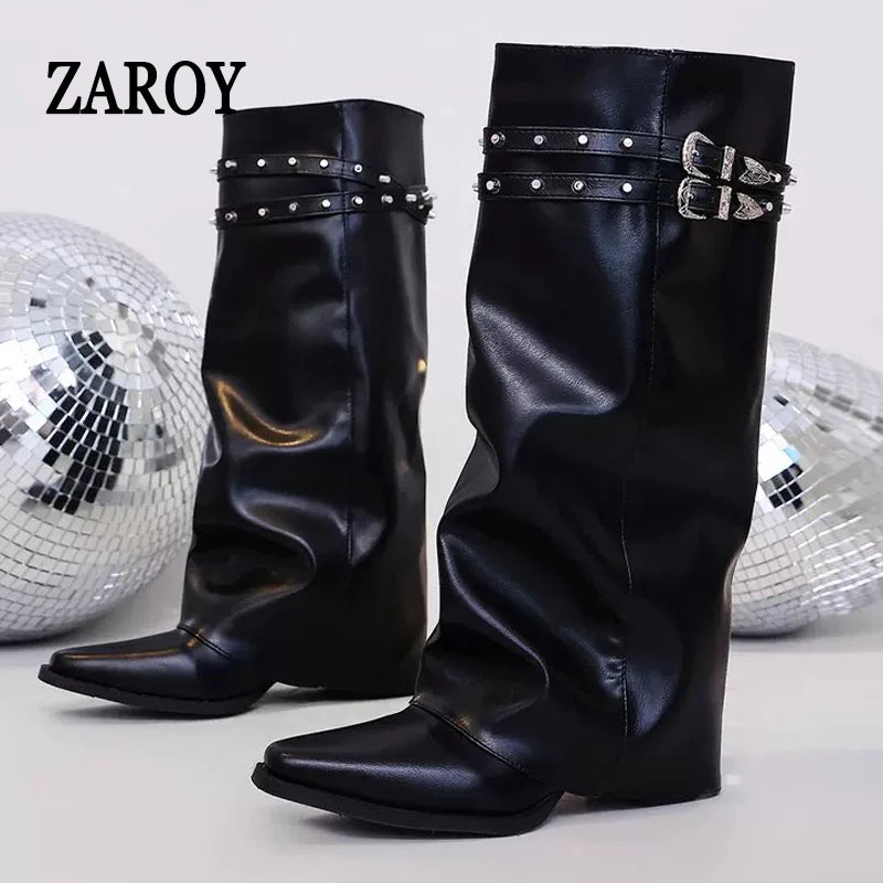Women's Black Studded Buckle Knee-High Boots