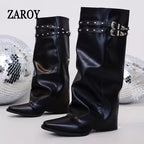 Women's Black Studded Buckle Knee-High Boots
