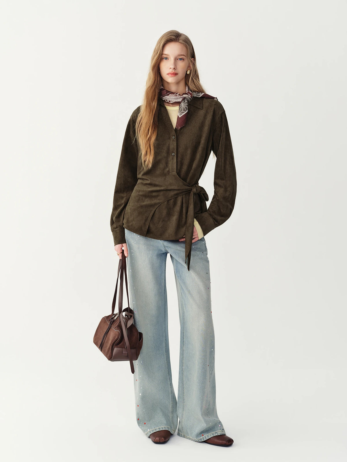 Women's Faux Suede Tie-Waist Shirt & A-Line Skirt Two-Piece Set – Retro Office