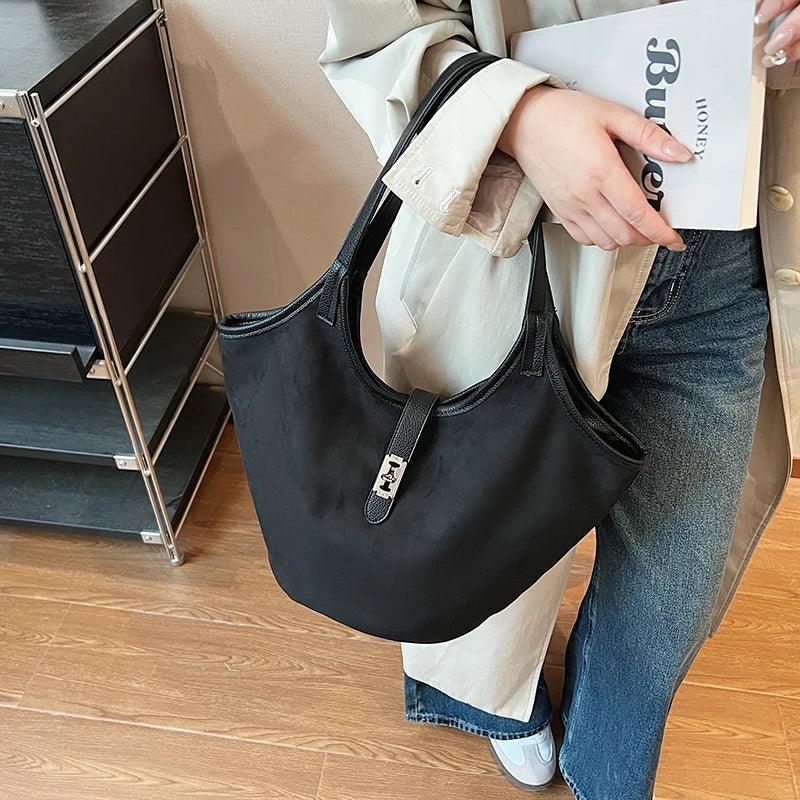 Small Nubuck Leather Shoulder Bags Women Zipper Turn Lock Matte Tote Handbags