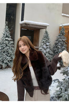 Women's Cropped Faux Fur Jacket with Ribbed Knit Sleeves