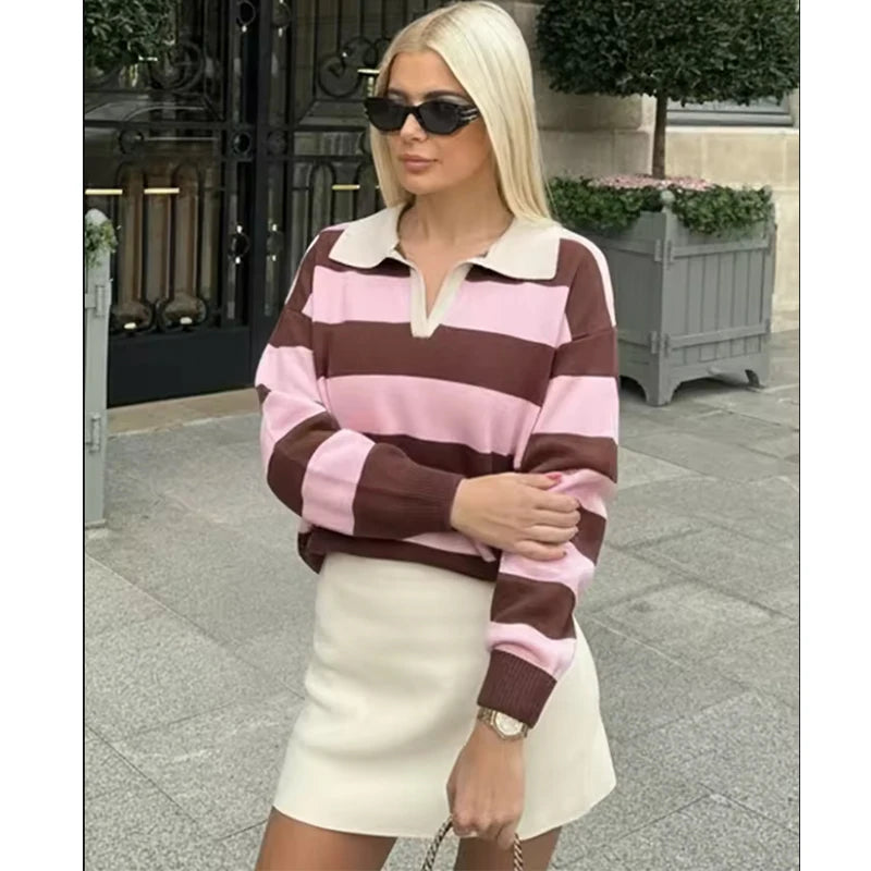 Women's Striped Polo Sweater Casual Long Sleeve Loose Pullover