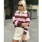Women's Striped Polo Sweater Casual Long Sleeve Loose Pullover
