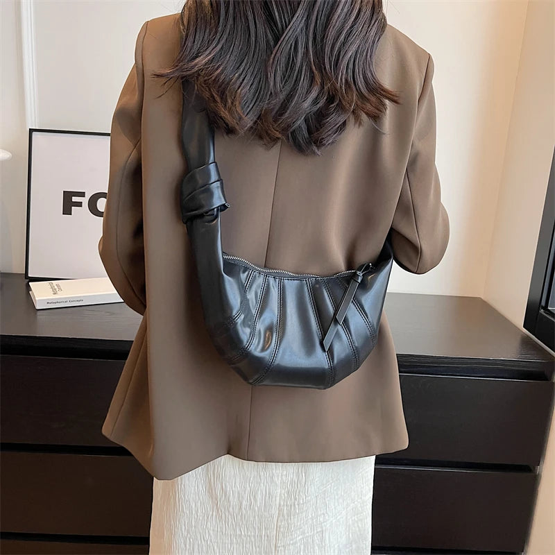 Large Splicing Leather Crossbody Bags Women Zipper Crescent Shoulder Bags