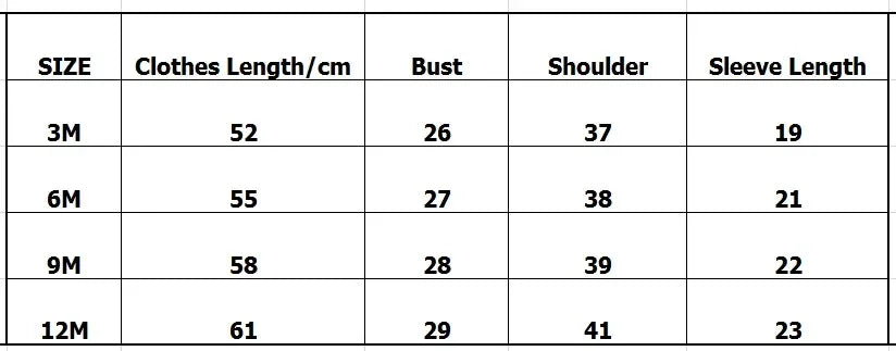 Size specification chart showing centimeter measurements for clothes length, bust, shoulder width, and sleeve