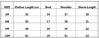 Size specification chart showing centimeter measurements for clothes length, bust, shoulder width, and sleeve