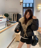 Women's Cropped Puffer Jacket with Faux Fur Collar
