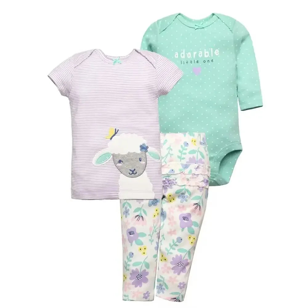 Mint polka dot bodysuit, purple striped sheep top, and white floral patterned pants in purple yellow and blue