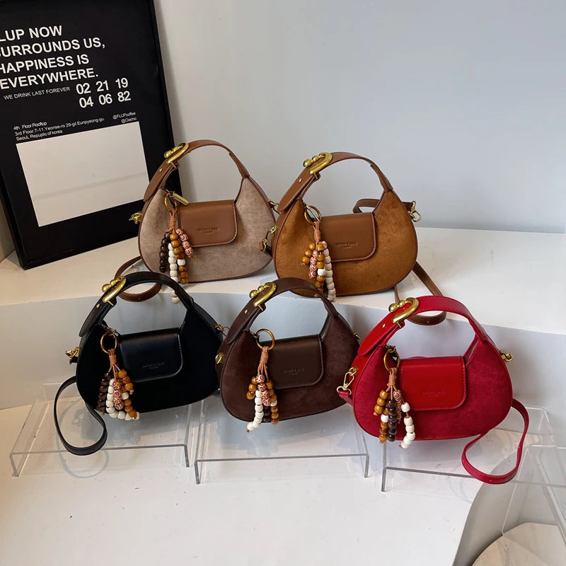 Women's Retro PU Leather Small Saddle Bag – Crossbody Shoulder Handbag with Pendant