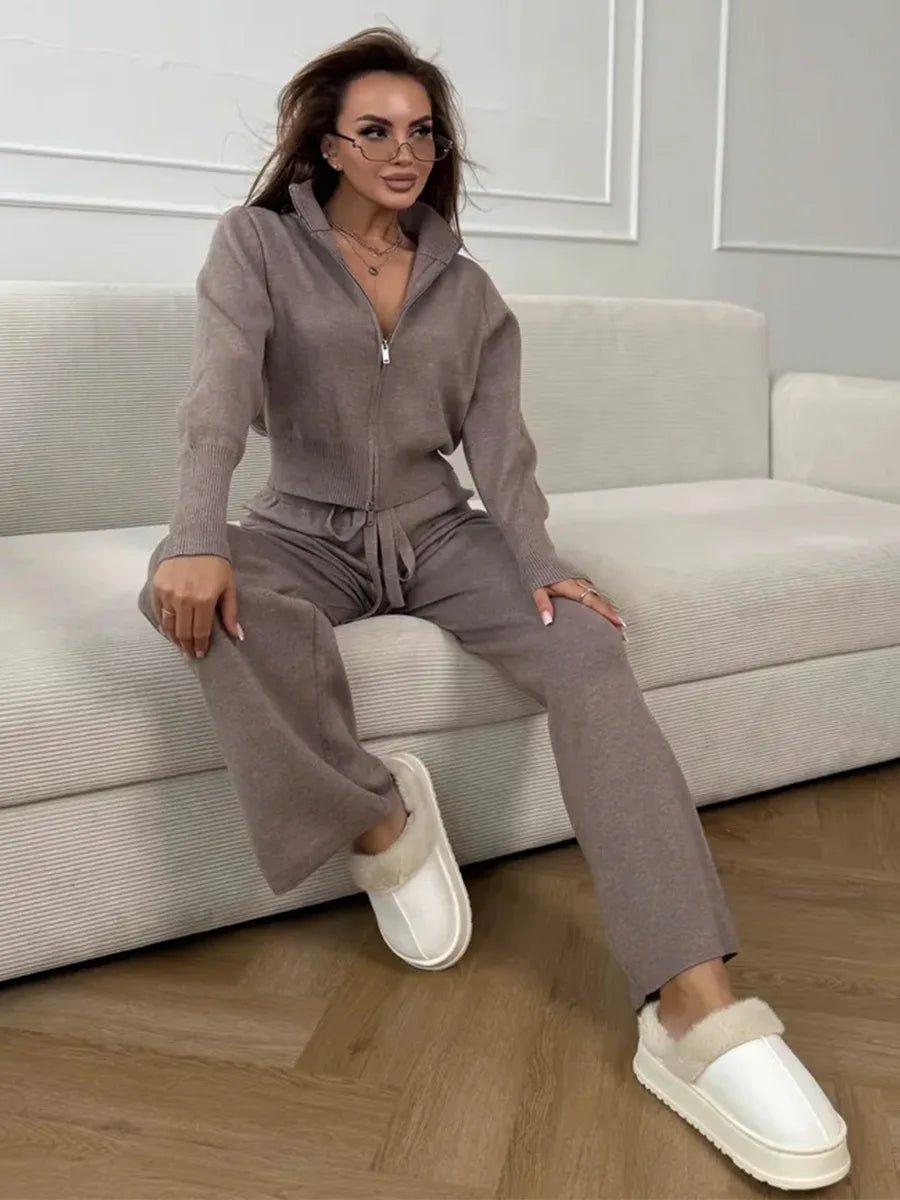 Women's Knit 2-Piece Set Zip-Up Stand Collar Cardigan Wide-Leg Ankle Pants Office Lady Autumn Winter Outfit