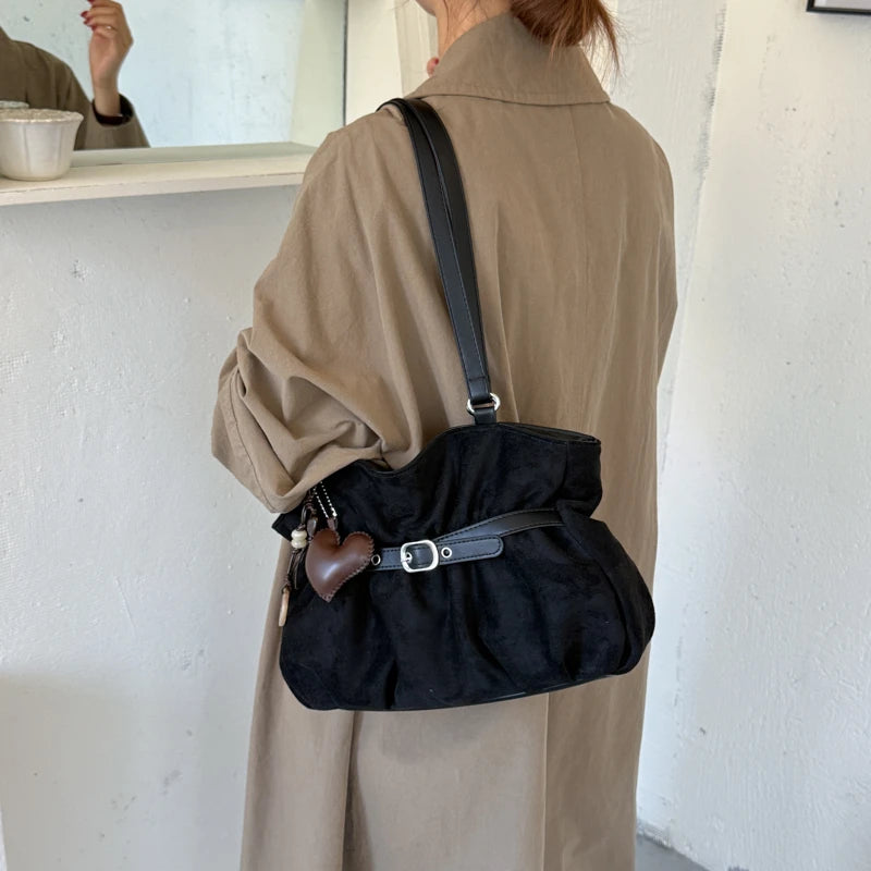 Women's Shoulder Bag Vintage Ruched PU Leather Zipper Tote Bag with Phone Pocket & Charm