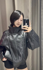 Women's Jacket Pebble Faux Leather Full-Sleeve Moto-Style Zipper Casual Coat