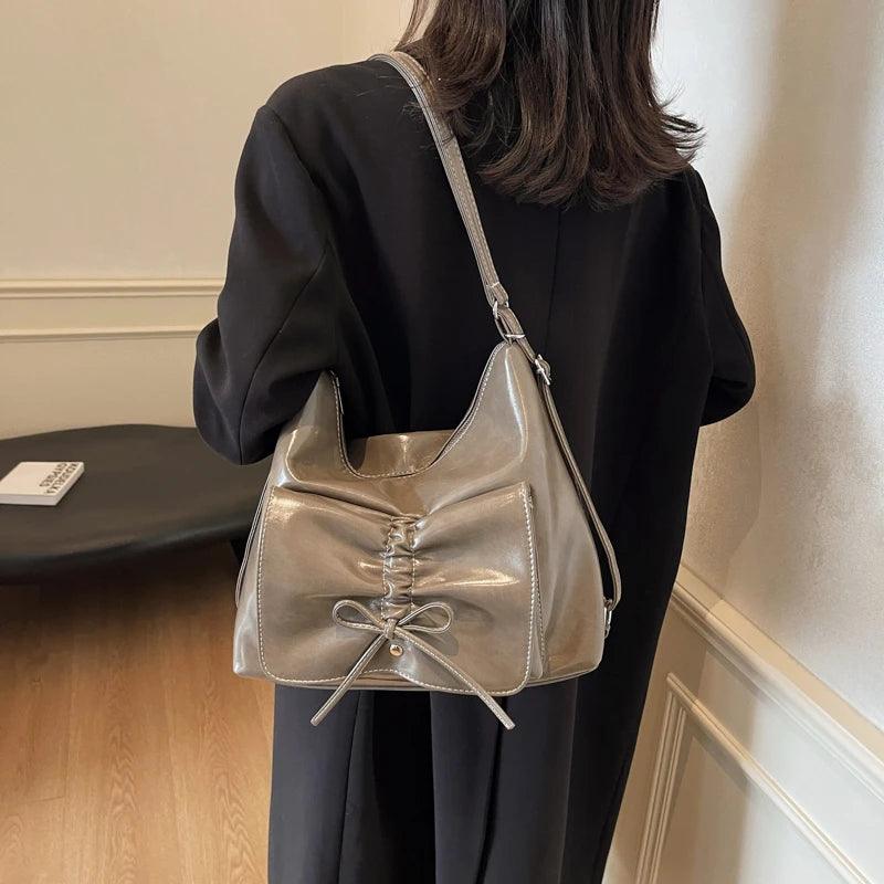 Leather Shoulder Bags Medium Women Flap Bow Drawstring Outer Pocket Zip Backpack