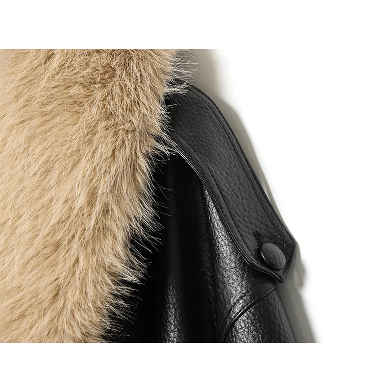 Women's Coat Vintage Faux Leather Big Fur Collar Double-Breasted Loose Full-Sleeve Thick Outerwear Jacket