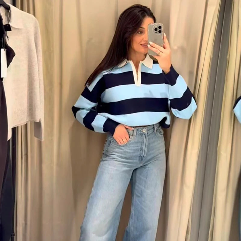 Women's Striped Polo Sweater Casual Long Sleeve Loose Pullover