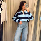 Women's Striped Polo Sweater Casual Long Sleeve Loose Pullover