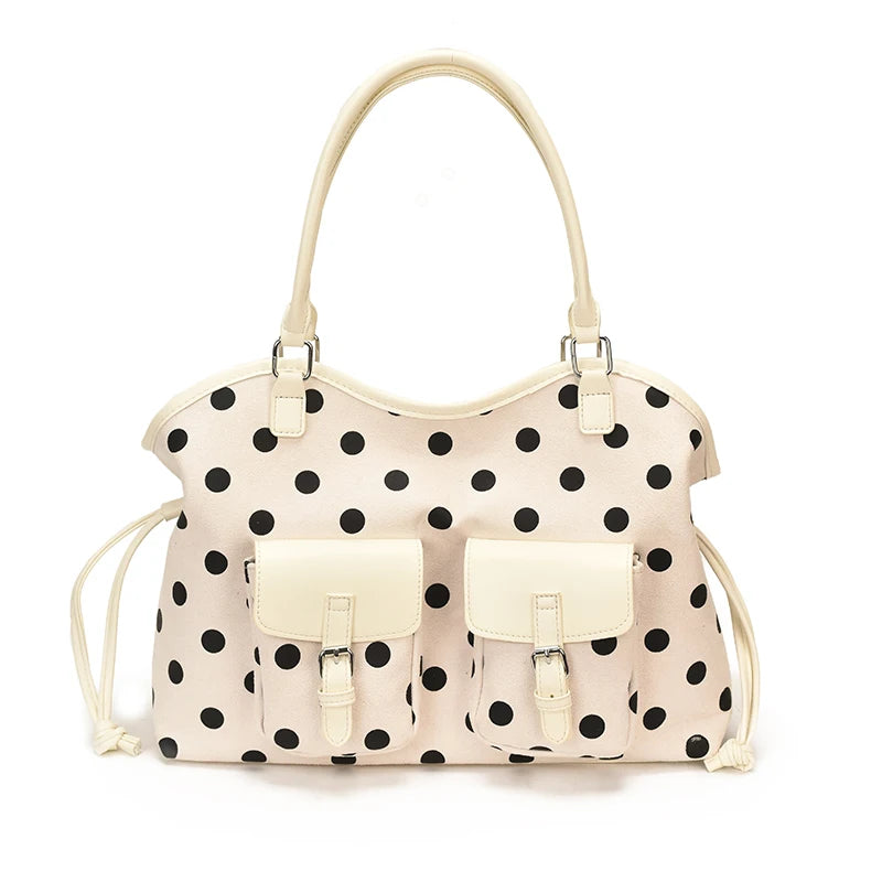 Women's Tote Bag Vintage Dot-Pattern Faux PU Leather Zipper Shoulder Bag with Phone Pocket