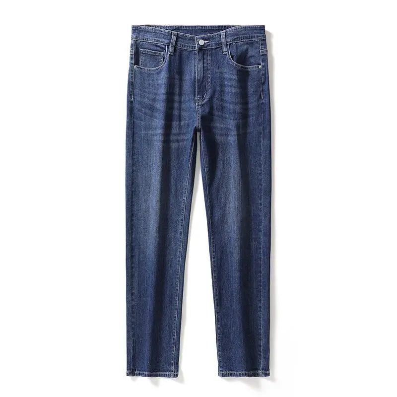 Men's Soft Stretch Straight Jeans Business Casual Slim Fit Wash Denim Pants Korean Fashion Blue Gray Male Brand Trousers