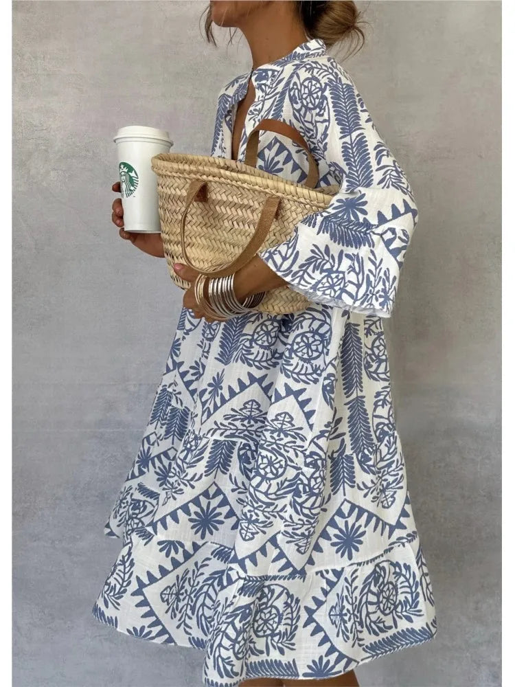 Bohemian Print Midi Dress – V-Neck 3/4 Sleeve Beach Dress